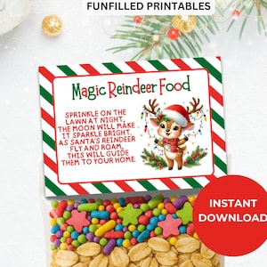 マジックトナカイのフードトリートバッグトッパー、トナカイのフードタグ、クリスマスイブ用の印刷可能なラベル、幼稚園の教室の子供向けクリスマスパーティーの記念品