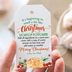 Peut inclure: Une étiquette cadeau blanche avec le texte "It's beginning to smell a lot like Christmas" et des instructions pour le pot-pourri de cuisinière. L'étiquette comprend des illustrations d'oranges, de baies et d'épices. L'étiquette est tenue par une personne.