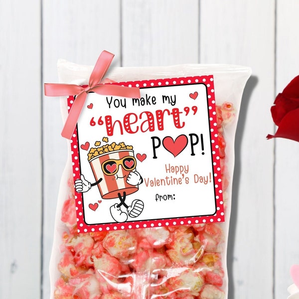 Cute Popcorn Valentines Tag, Kids Valentines Popcorn Tag, Classroom Valentines Day Popcorn, Classmate Valentines Class, Valentines Non Candy