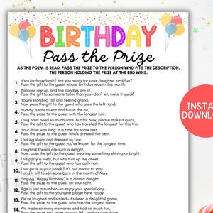May include: A printable birthday party game with colorful text and graphics. The game is titled "Birthday Pass the Prize" and includes instructions and clues for a fun party activity. A red circle with "Instant Download" is on the right.