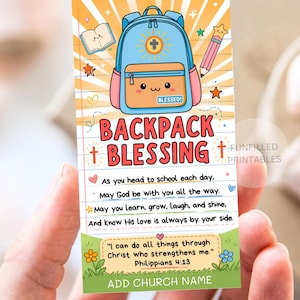 Etiquetas de bênção para mochilas, etiquetas/cartões de oração para mochilas da Escola Dominical, Dia de bênção na igreja, etiqueta de presente imprimível para ministério infantil