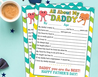 Fathers Day All About My Daddy Questionnaire Printable, Fathers Day Card Worksheet Personalized DIY Fathers day Gift From Kids, Birthday
