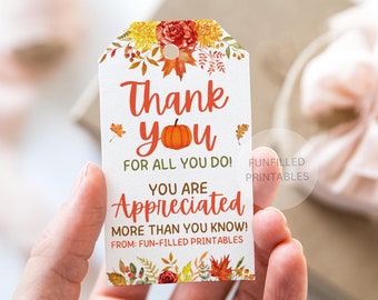 Fall Pumpkin Thank You Tags, Thanksgiving Tags, Fall Appreciation Tags, Staff Employee Team Thank You For All You Do, Fall Pumpkin Tags,