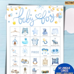 30 jongens babyshower bingokaarten afdrukbaar, babyboy bingo, babyshower spelletjes, leuk, afdrukbare blauwe activiteiten babyshower, babyshower,
