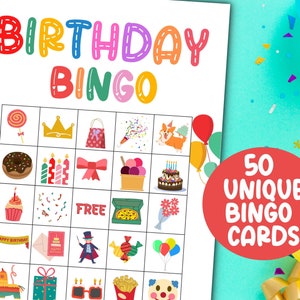 Verjaardagsbingo, kinderverjaardagsspel, afdrukbaar bingospel, leuke verjaardagsspellen voor kinderen, gelukkige verjaardag bingo, 50 verjaardag bingokaarten