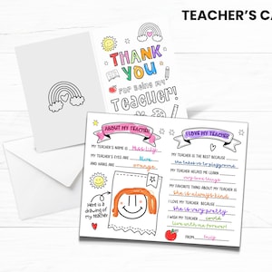 Carte à colorier imprimable pour enseignant par les enfants, cadeau de remerciement pour l'enseignant, carte de remerciement pour enseignant, cadeau tout sur mon enseignant Cadeau pour enseignant du primaire