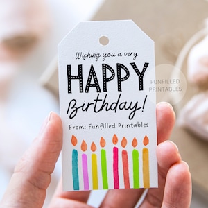 Geburtstags-Tag druckbare alles Gute zum Geburtstag Geschenkanhänger Vorlage, Aquarell bunte Kerzen Geburtstags-Tag Erwachsene Kind, einfache moderne Geschenkanhänger bearbeitbar