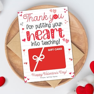 Teacher Valentine Gift Card Holder, Printable Valentines Teacher Gift Card Holder, Teacher Appreciation Gift, School Teacher Thank You Gift