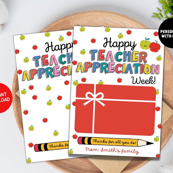 Teacher Appreciation Week Gift Card Holder, Thank You Teacher Appreciation Gift Card, Cute Apple Teacher Gift Card Holder Printable Editable