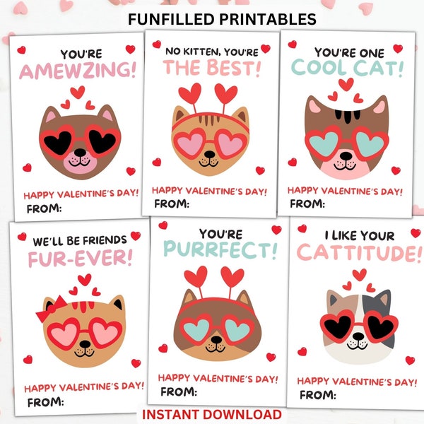 Kids Cat Valentines Cards, Kitten Valentines Cards For Class, Classroom Valentines Gift, Cat Pun Valentines Day Card, Valentines Exchange