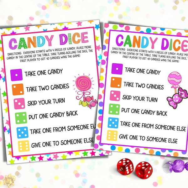 Candy Dice Game Printable Party Games For Graduation, Kids Birthday, Girls Sleepover Slumber Party, Family Reunion, All Holidays, Road Trip