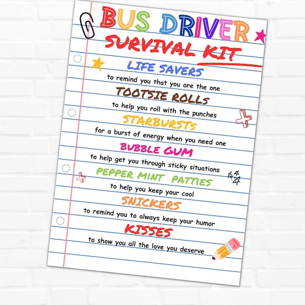 Bus Driver Survival Kit Gift Tag, School Bus Driver Thank You, Bus Driver Appreciation Gift, End Of Year Bus Driver Gift,  Thanksgiving Gift