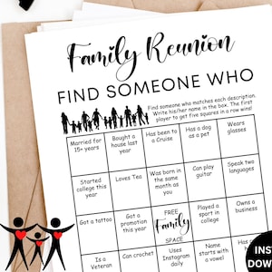 Family reunion bingo, Find someone who family reunion game, Get to know you Icebreaker game activity, Mix and mingle bingo