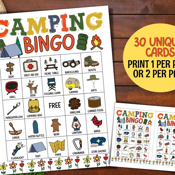 30 Camping Bingo Cards Printable, Fun Camping Games Activities, Kids Summer Camp, Camping Theme Birthday Party Games, Campfire games