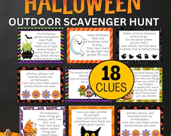 Può includere: Un gioco di caccia al tesoro all'aperto a tema Halloween con indizi colorati. L'immagine presenta zucche, banner decorativi e carte con enigmi e istruzioni. Il testo "Halloween Outdoor Scavenger Hunt" è visualizzato in alto.