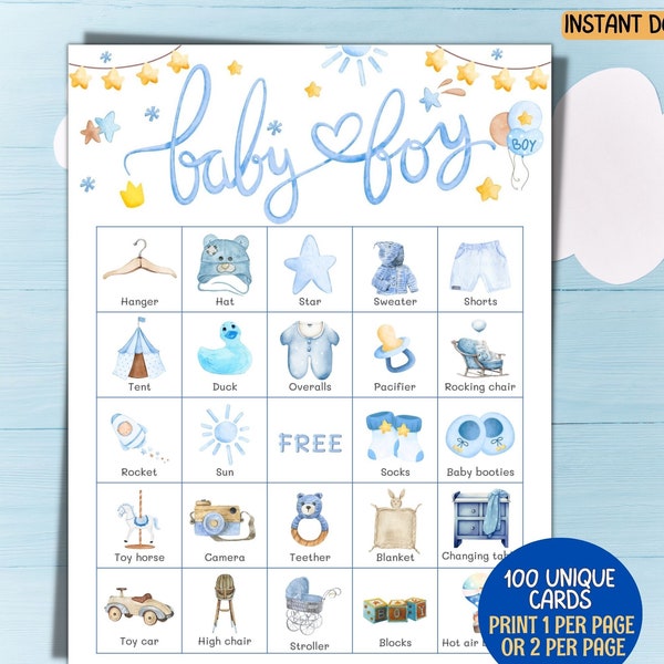 100 Baby Boy Bingo Cards, Fun Baby Shower Games, Printable Blue Baby Boy Shower Activities, Printable Baby Boy Shower Bingo Digital Download