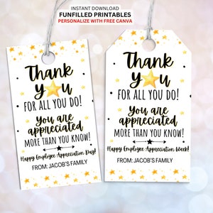 Employee Appreciation Day Gift Tags, Employee Appreciation Tags, Staff Appreciation, Printable Thank You For All You Do Gift Tag Template