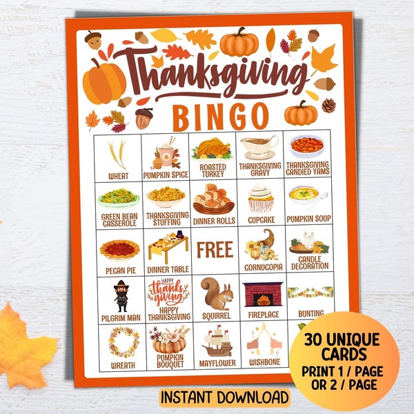 Thanksgiving Bingo, 30 Thanksgiving Bingo Cards, Thanksgiving Game For Kids Adults, Thanksgiving Dinner Activity, Thanksgiving Class Party