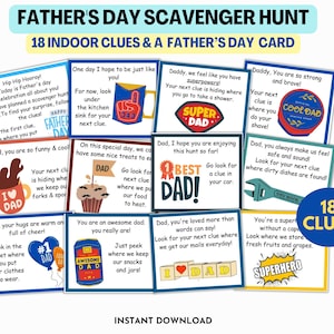 Vatertags-Schnitzeljagd druckbar, Vatertagsgeschenk Schatzsuche für Väter drinnen, bestes Überraschungsgeschenk von Kindern, füllen Sie die leere Karte aus
