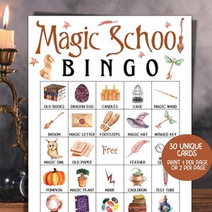 Juego de bingo de la escuela mágica, juegos de fiesta de magos, juegos de fiesta de magia, juego de cumpleaños de magos para niños, juego de ducha, 30 tarjetas de bingo imprimibles