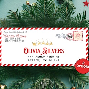 May include: A festive Christmas-themed envelope with red and white striped borders. The envelope features the text "From the official desk of Santa Claus" and the recipient's address. A stamp and a graphic of Santa's sleigh are also visible. The words "2 OPTIONS" are in a red circle.