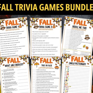May include: A collection of fall trivia games, including trivia, riddles, true or false, and emoji pictionary. Each game features a decorative border with autumn leaves and an owl. The text "Fall Trivia Games Bundle" is displayed at the top.