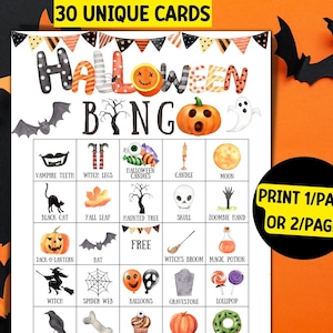 Bingo de Halloween para crianças, 30 cartas de bingo de Halloween, jogos de festa de Halloween, jogos de festa de classe de atividades de Halloween para impressão Halloween