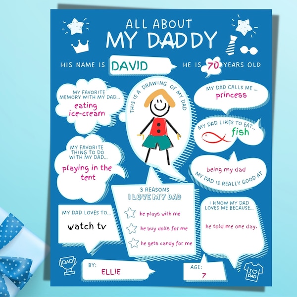 Printable Fathers Day Questionnaire, All About My Daddy Card, Fill In Blanks All About Dad Worksheet, DIY Fathers day Gift From Kids