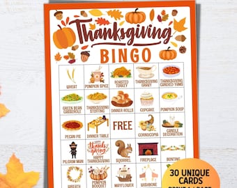 Thanksgiving Bingo, 30 Thanksgiving Bingo Cards, Thanksgiving Game For Kids Adults, Thanksgiving Dinner Activity, Thanksgiving Class Party