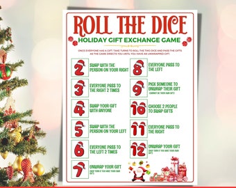 May include: A printable holiday gift exchange game with red and green text. The game instructions are listed with numbers and Santa hats. The words "Roll the Dice" are at the top. The bottom of the image says "Instant Download".