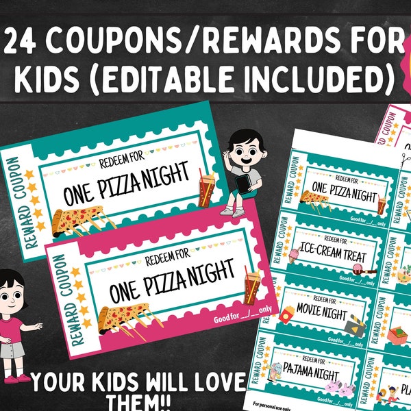 Kids Reward Coupons Editable, Printable Rewards For Kids, Cute Chore Chart Coupons for girls and boys, Coupon Book