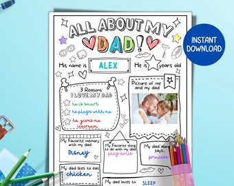 All About My Dad Printable Father's Day Questionnaire, Dad Coloring Page, Fathers Day Gifts From Kids, DIY Gift For Dad, Fill in Worksheet