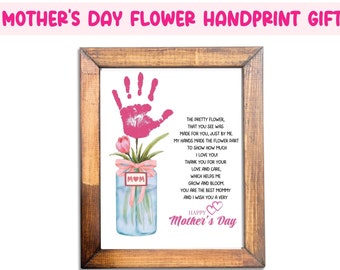 May include: A printable Mother's Day card featuring a pink handprint flower in a mason jar with a pink ribbon and a tag that says "MOM". The card includes a poem about the flower and a message wishing a happy Mother's Day.