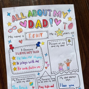 Alles über meinen Vater Fragebogen zum Vatertag Dad, DIY Geschenk für Dad von Kindern, Geburtstagsgeschenk, Füllen Sie das leere Arbeitsblatt zum Ausmalen aus
