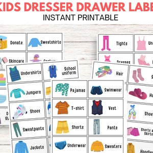 50 Kids Dresser Drawer Labels, Printable Kids Closet Storage Stickers, Kids Drawer Labels, Organization Labels, Kids Clothing Storage labels