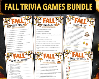 May include: A bundle of fall-themed trivia games. The games include trivia, riddles, true or false, and emoji pictionary. Each game has a decorative border with fall leaves and an owl. The text "Fall Trivia Games Bundle" is at the top.