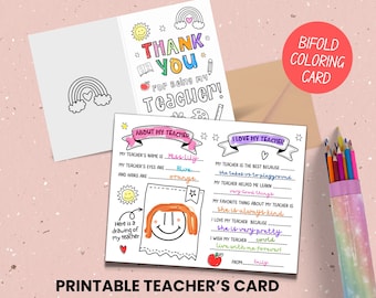 Biglietto di ringraziamento per insegnanti da colorare, pieghevole, stampabile, per bambini, per la settimana di apprezzamento degli insegnanti, biglietto regalo "Tutto sul mio insegnante" da compilare