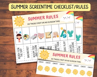 Summer Rules, Kids Summer Chore Chart, Summer Screen Time Checklist, Printable chore list, summer rules checklist