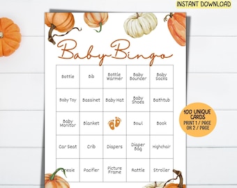 100 Pumpkin Fall Baby Shower Bingo Cards Printable, Autumn Fall Baby Shower Games Little Pumpkin Baby Shower, Gender Neutral Baby Bingo Game