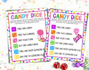 Candy Dice Game Printable Party Games For Graduation, Kids Birthday, Girls Sleepover Slumber Party, Family Reunion, All Holidays, Road Trip