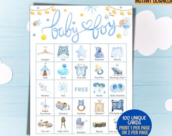 100 Baby-Dusche-Bingokarten, Jungen-Babyparty-Spiele, druckbare blaue Baby-Duscheaktivitäten, druckbare 100 Baby-Dusche-Bingokarten
