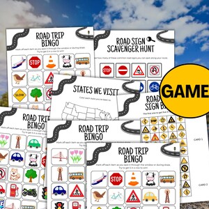 May include: A collection of road trip games, including bingo and scavenger hunts. The games feature illustrations of road signs, vehicles, and other travel-related images. The word "GAMES" is in a yellow circle.