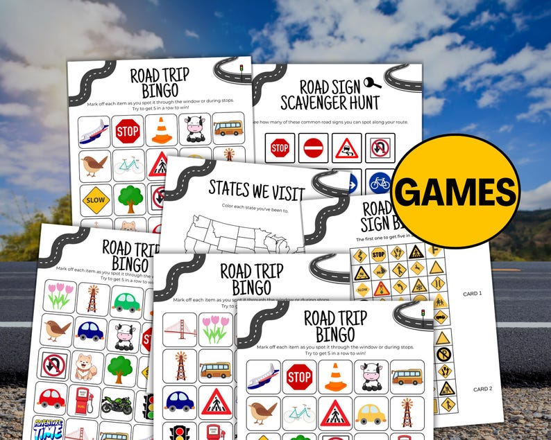 May include: A collection of road trip games, including bingo and scavenger hunts. The games feature illustrations of road signs, vehicles, and other travel-related images. The word "GAMES" is in a yellow circle.