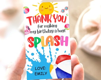 Summer pool party favors tag, Summer themed birthday party favors, Kids pool party thank you tags, editable birthday favor tag beach