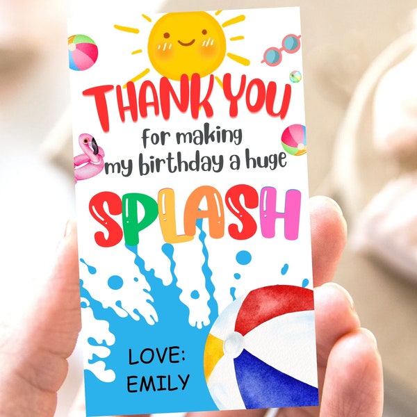 Summer pool party favors tag, Summer themed birthday party favors, Kids pool party thank you tags, editable birthday favor tag beach