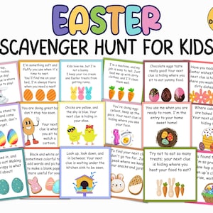 Easter scavenger hunt, Indoor Treasure Hunt, 18 Easter Kids scavenger hunt clues printable, Easter riddles home scavenger hunt for kids