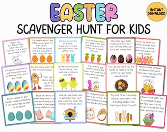 Paasspeurtocht, Indoor Treasure Hunt, 18 Easter Kids speurtocht aanwijzingen afdrukbaar, Paasraadsels thuis speurtocht voor kinderen