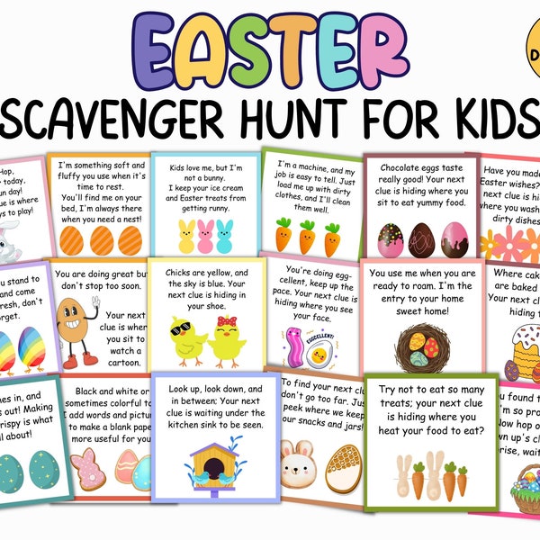 Easter scavenger hunt, Indoor Treasure Hunt, 18 Easter Kids scavenger hunt clues printable, Easter riddles home scavenger hunt for kids