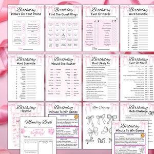 May include: A collection of pink birthday party game printables, including "What's On Your Phone", "Find the Guest Bingo", and "Word Scramble". The games are decorated with pink bows and ribbons, perfect for a birthday celebration.