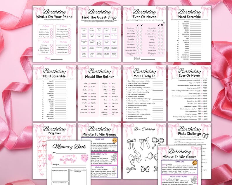 May include: A collection of pink birthday party game printables, including "What's On Your Phone", "Find the Guest Bingo", and "Word Scramble". The games are decorated with pink bows and ribbons, perfect for a birthday celebration.